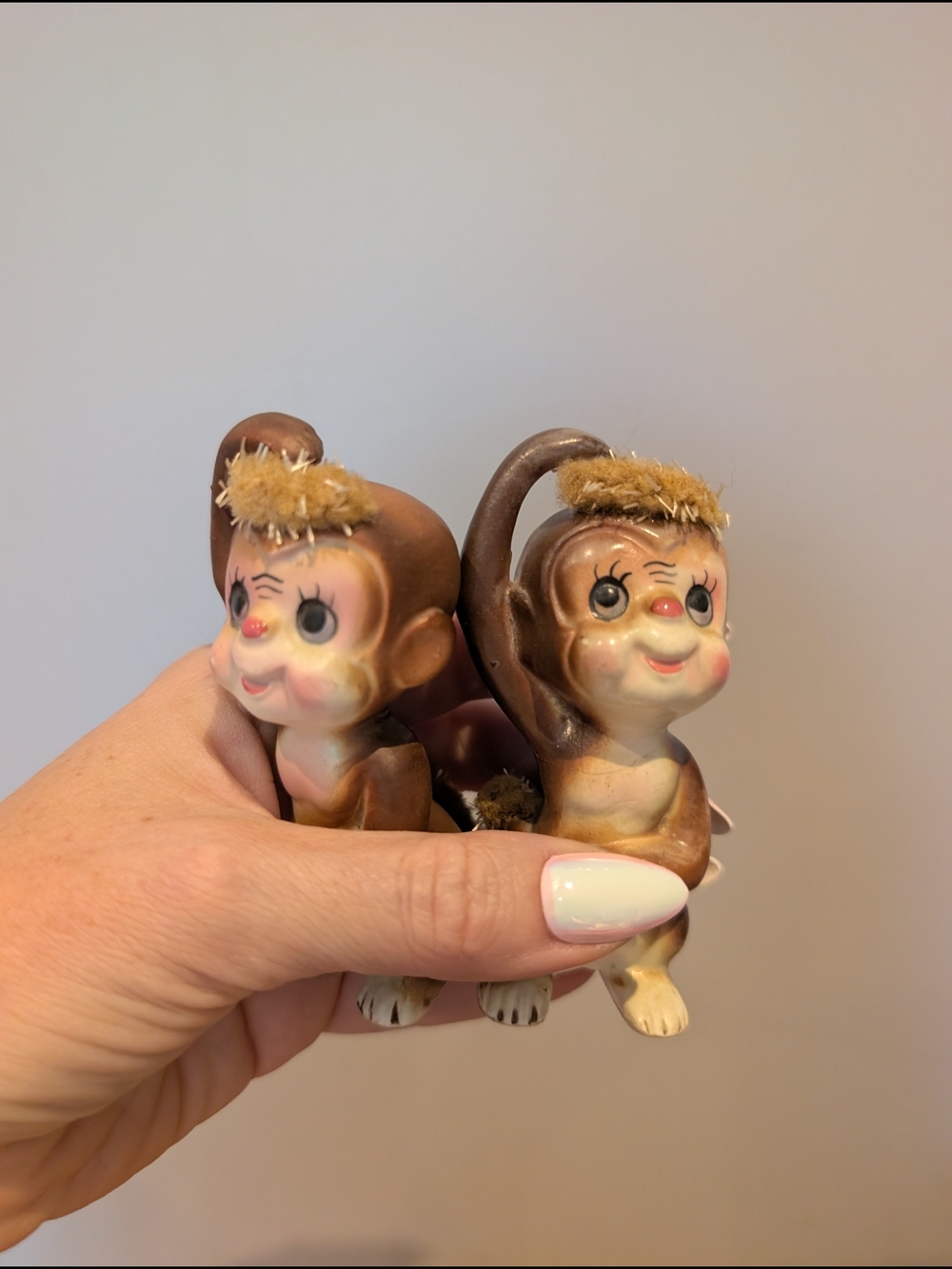 Cute Pair of Brown Ceramic Monkey Figurines - Brown Made In Japan
